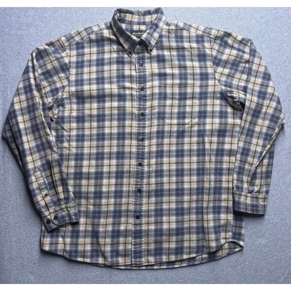Eddie Bauer Men's XL Tall Flannel Shirt Long Sleeve Plaid Gray Tan Cotton